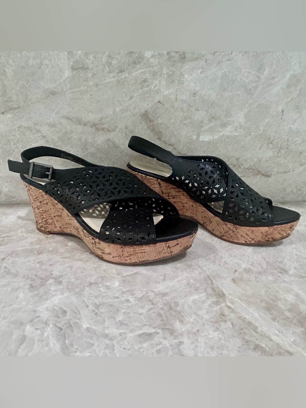 Nicole by Nicole Miller Black Laser-Cut Cork Wedge Sandals